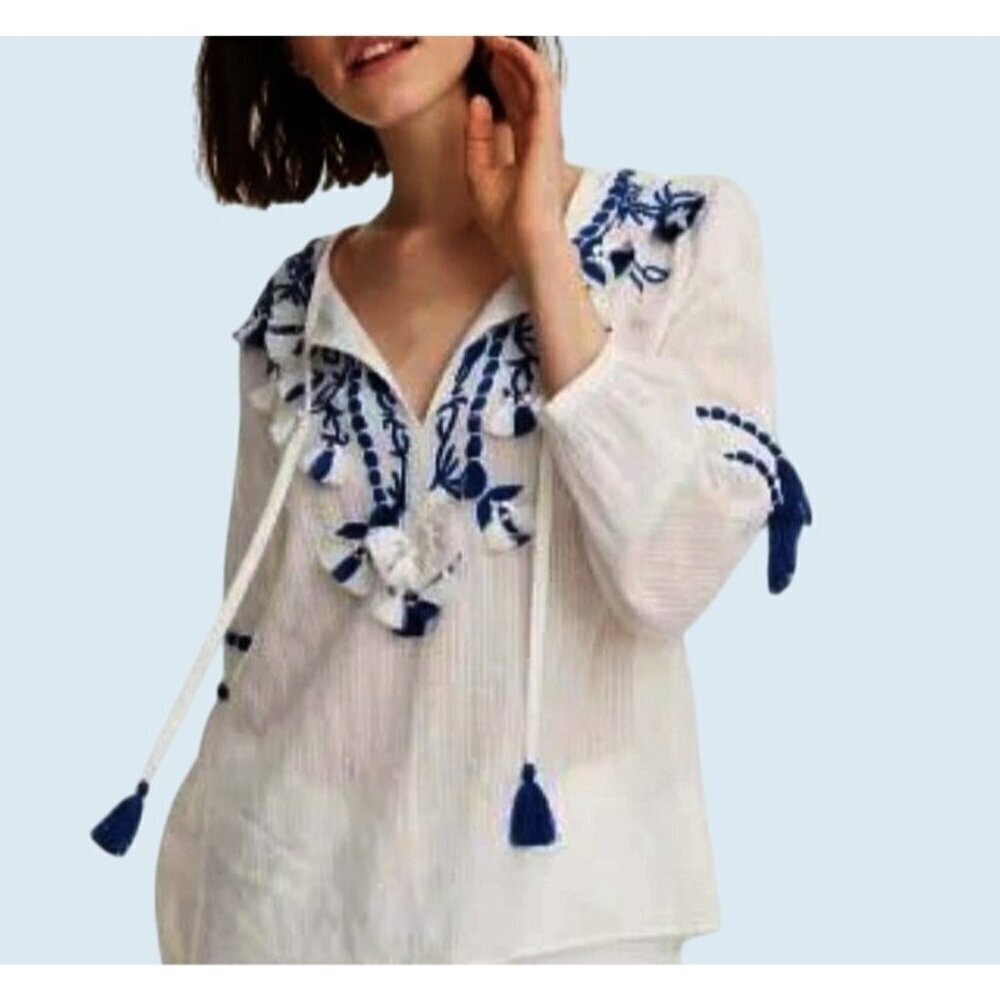 CLUB MONACO Pullover Boho Embroidered Tassel Top Size XS